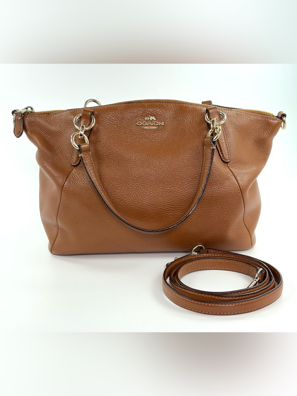 Coach Small Kelsey Pebbled Leather Satchel Crossbody Bag Cognac Brown EUC